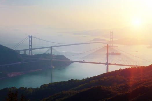 Sunset at Ting Kau Bridge, view from Tsuen Wan, Hong Kong