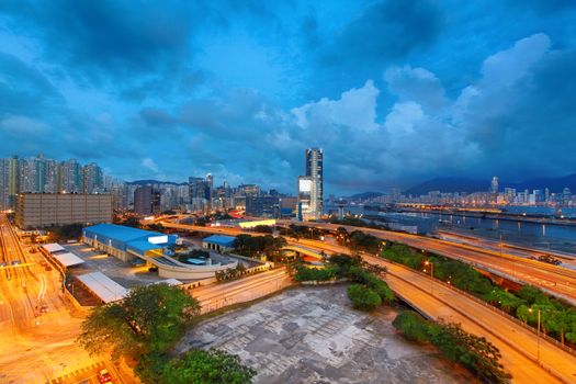 hong kong kwun tong highway bridge  at cloudy night