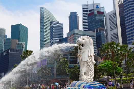 Singapore center with Merlion and skyscrapers 