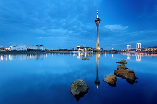 macau travel tower and lake