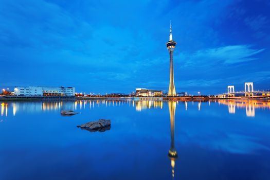 macau travel tower and lake