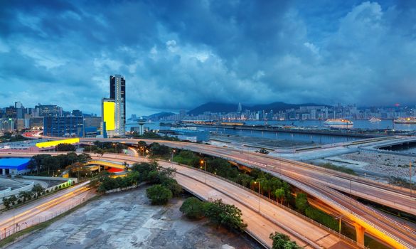 hong kong kwun tong highway bridge  at cloudy night