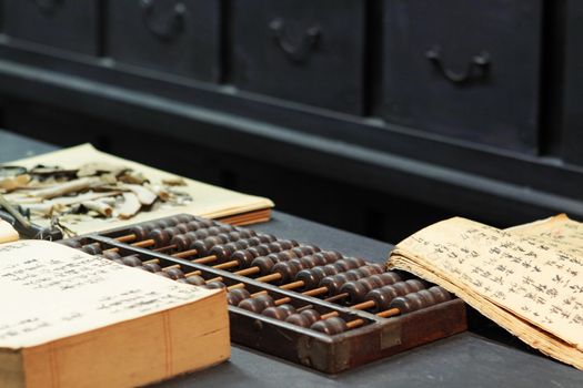 abacus and book on the table in a chinese old shop
