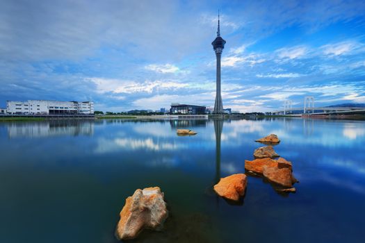 macau travel tower and lake