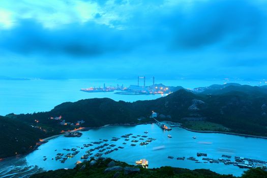 Landscape. Sunset over the mountains and the sea in  h ongkong