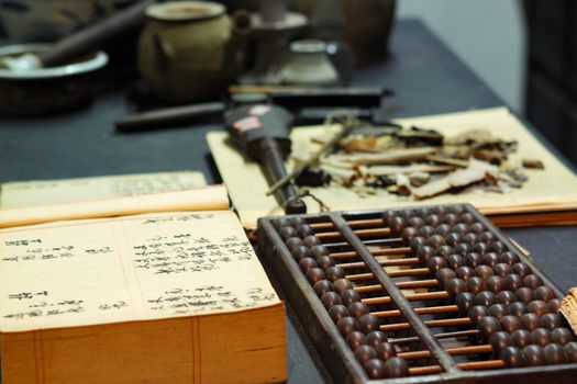 abacus and book on the table in a chinese old shop
