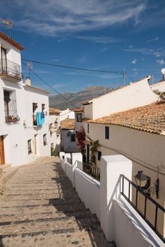 Stairs leading down a street of Altea old town, Costa Blanca, Spain