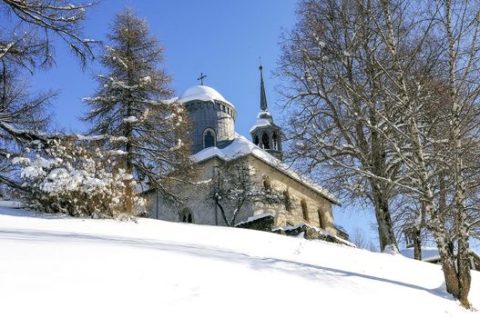 winter church in famous Megeve city, Alps, France
