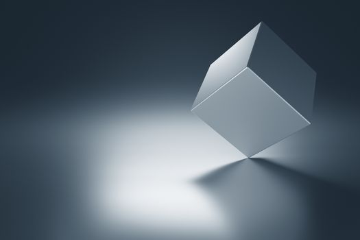 Metal cube on metal table with copy space. 3d render