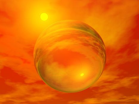 Sun next to transparent bubble by red cloudy sunset