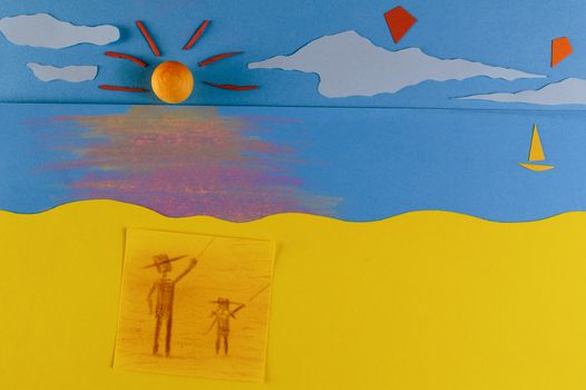 Figurative father and daughter flying kites on a beach at the sunset