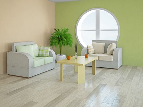 Armchairs with green and orange pillows near a round window