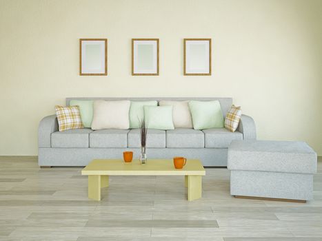 Sofa with green and orange pillows in the room