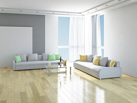 White sofas with green and yellow pillows in the room