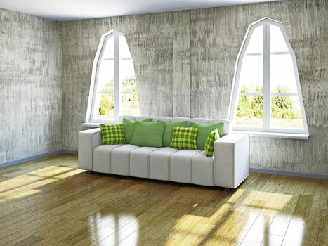 White sofa with pillows near the windows