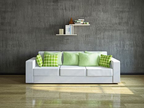 White sofa with pillows near the concrete wall