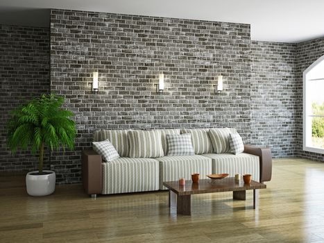 Livingroom with sofa near the brick wall