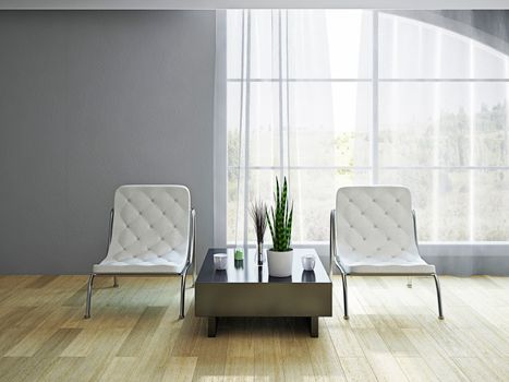 White leather  armchairs near the window