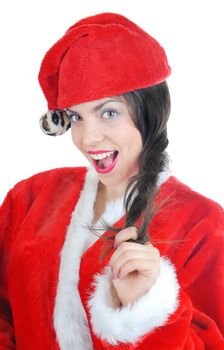 Glad and merry woman in the red Santa Claus costume