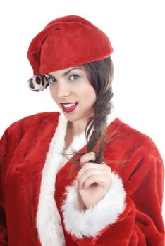 Woman in Santa Claus costume on a white background