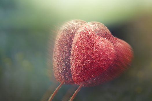 Close-up photo of the decorative hearts moving as a symbol of Saint Valentine day. Motion blur added due to te long exposure