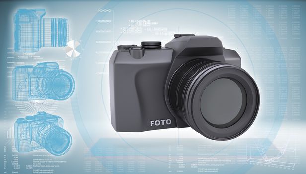 SLR camera on a hi-tech blue background. The concept of future technology