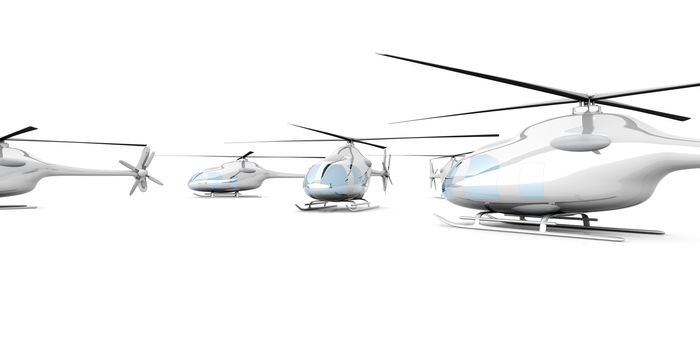 A group of Helicopters. 3D rendered Illustration. Isolated on white.