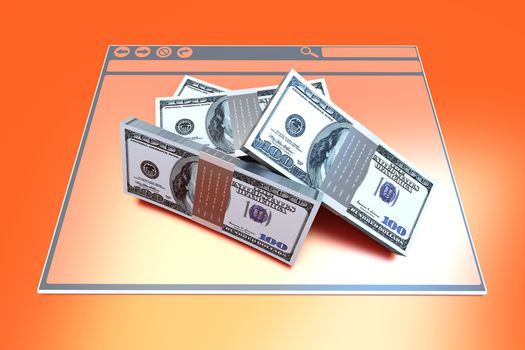 Dollars in a Browser window. 3D rendered illustration.