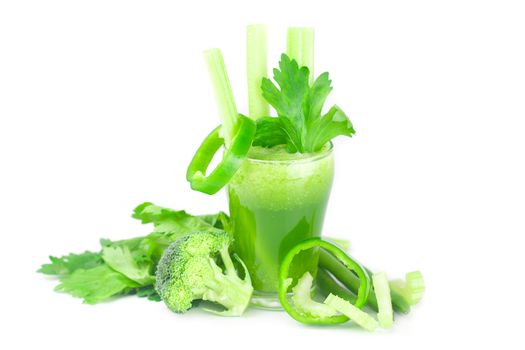 broccoli,pepper,celery and glass with celery juice isolated on white