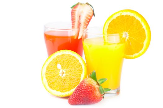 orange, glass of orange juice, strawberries and glass of strawberry juice isolated on white