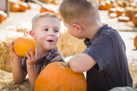 Two Boys at the Pumpkin Patch Talking About Their Pumpkins and Having Fun on a Fall Day.
