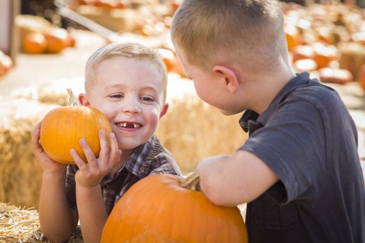 Two Boys at the Pumpkin Patch Talking About Their Pumpkins and Having Fun on a Fall Day.
