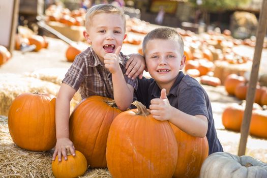 Two Boys at the Pumpkin Patch with Thumbs Up and Having Fun on a Fall Day.
