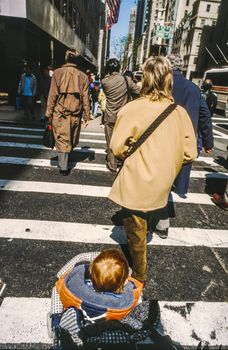 NEW YORK, USA  - APRIL 7: People use a Pedestrian crossing at Broadway on April 7, 1997 in New York, USA. Pedestrian crossings already existed more than 2000 years ago, as can be seen in the ruins of Pompeii.