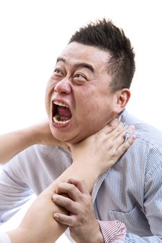 Stress Asian man in shirt suffocated with isolated white background.