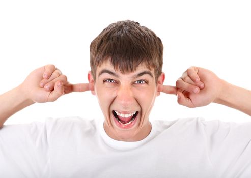 Enraged Teenager Close his Ears with a Fingers Isolated on the White Background