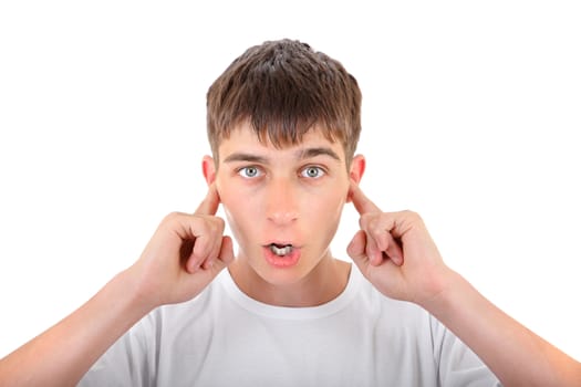 Surprised Teenager with Closed Ears Isolated on the White Background