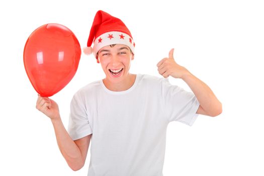 Happy Teenager with Red Balloon Pointing up Isolated On The White Background