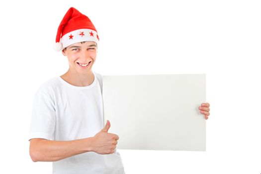 Happy Teenager holds White Board and shows OK gesture Isolated On The White Background