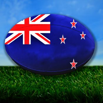 Rugby ball with New Zealand flag over grass