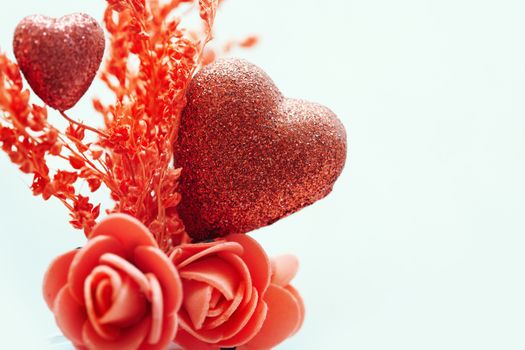 Close-up photo of the heart and flower decoration as a symbol of Saint Valentine day