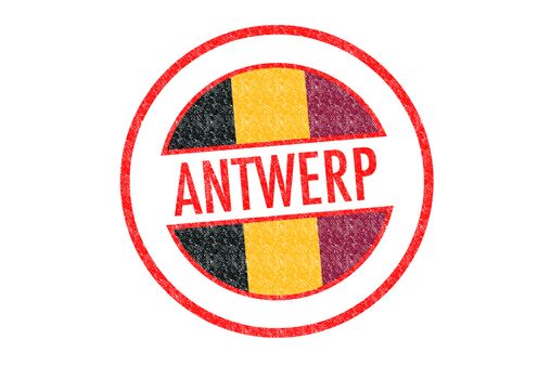Passport-style ANTWERP rubber stamp over a white background.