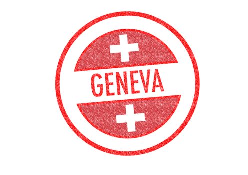 Passport-style GENEVA rubber stamp over a white background.