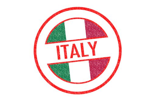 Passport-style ITALY rubber stamp over a white background.