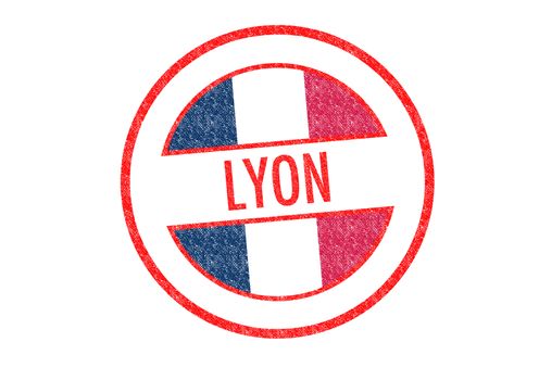 Passport-style LYON rubber stamp over a white background.