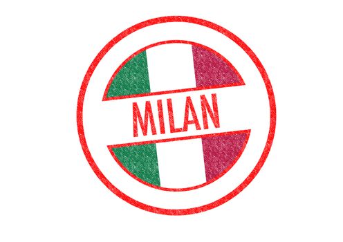 Passport-style MILAN rubber stamp over a white background.
