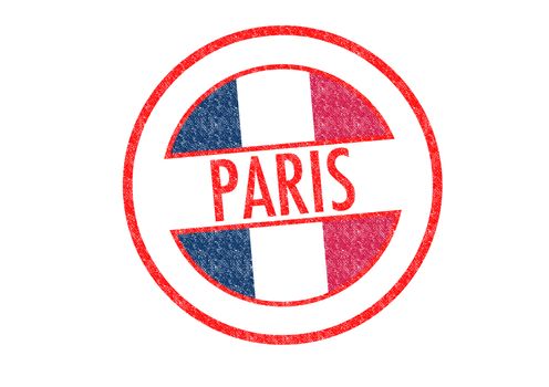 Passport-style PARIS rubber stamp over a white background.