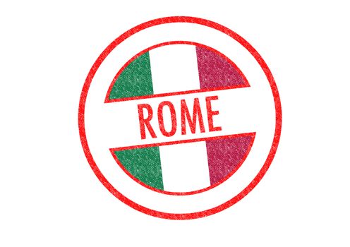 Passport-style ROME rubber stamp over a white background.
