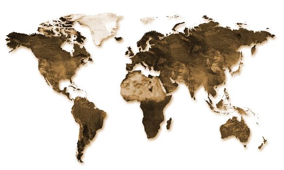 a world map in sepia embossed on a white background