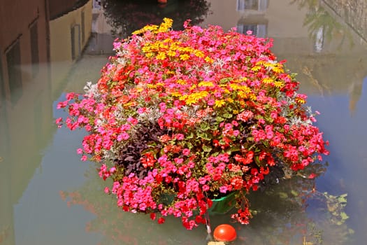 a boat with flowers on a river